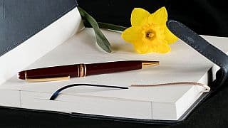 Open journal with a pen and daffodil on an empty page